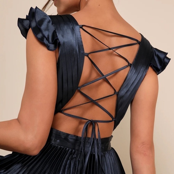 NWOT Exceptional Drama Navy Blue Satin Lace-Up Pleated Maxi Dress - Picture 5 of 11